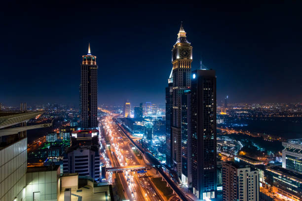 Downtown Dubai modern urban cityscape at night in the United Arab Emirates