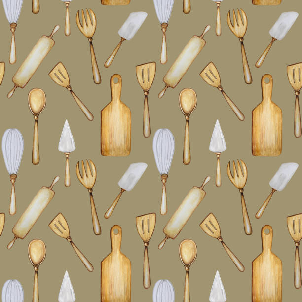手繪木製廚房工具無縫圖案。用於烘焙水彩織物紋理插圖的配件。烹飪時間海報,橫幅概念。勺子, 鏟子, 叉子, 滾動銷, 刀, 板 - rolling fork 幅插畫檔、美工圖案、卡通及圖標