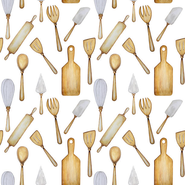 손으로 그린 나무 부엌 도구 원활한 패턴. 수채화 직물 텍스처 일러스트를 굽는 액세서리입니다. 요리 시간 포스터, 배너 개념. 숟가락, 주걱, 포크, 롤링 핀, 나이프, 보드 - rolling fork stock illustrations