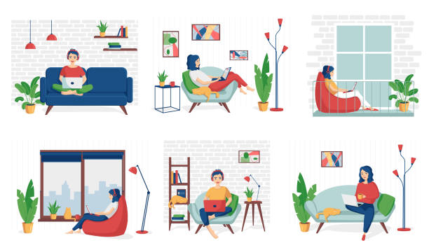 A young woman is sitting with a laptop. Concept remote work from home. Freelance. Distanse learning. Stay home during an epidemic.Set of cute vector illustrations in cartoon style A young woman is sitting with a laptop. Concept remote work from home. Freelance. Distanse learning. Stay home during an epidemic.Set of cute vector illustrations in flat cartoon style bean bag illustrations stock illustrations