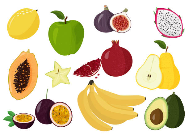 kolekcja wektorów świeżych owoców. zestaw słodkich owoców. cytryna, papaja, owoce smoka, granat, marakuja, banan, owoc gwiazdy, gruszka i jabłko. - fig apple portion fruit stock illustrations