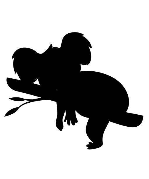 schwarze silhouette koala bär schlafen auf holz zweig cartoon tier design flache vektor-illustration isoliert auf weißem hintergrund - koala australia animal isolated stock-grafiken, -clipart, -cartoons und -symbole