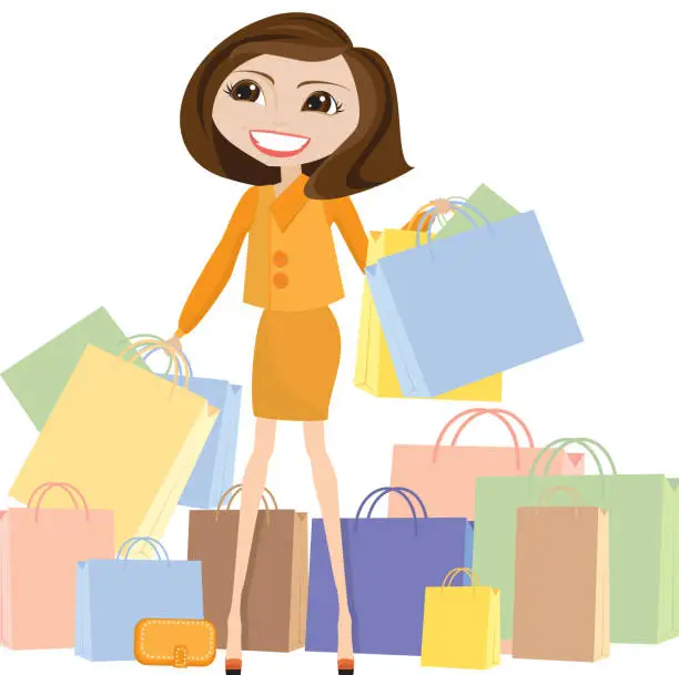 Vector illustration of Woman shopper with shopping bags, illustration