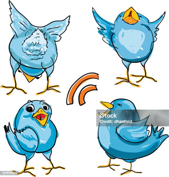 Vetores de Mão Desenhadas Tweets Ou Pássaros Azuis e mais imagens de Asa animal - Asa animal, Bico, Canto de Passarinho