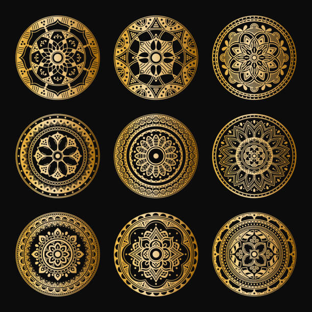 istock Set of decorative ethnic gold ornaments isolated on white. Hand drawn vector mandalas 1219598460