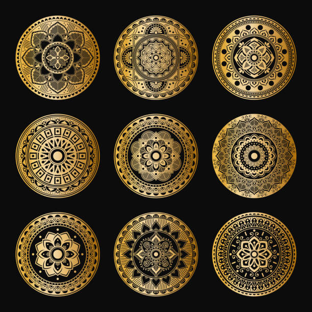 istock Set of decorative ethnic gold ornaments isolated on white. Hand drawn vector mandalas 1219598485