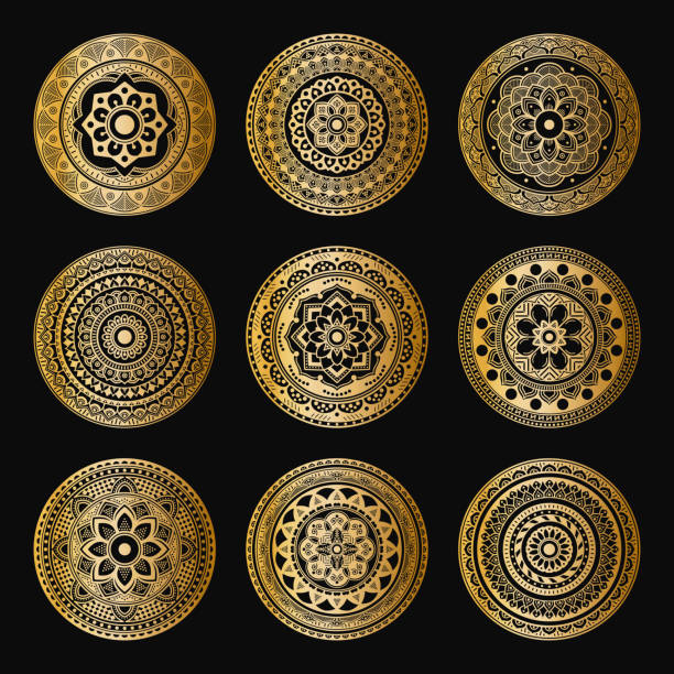 istock Set of decorative ethnic gold ornaments isolated on white. Hand drawn vector mandalas 1219598495