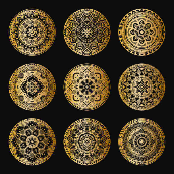 istock Set of decorative ethnic gold ornaments isolated on white. Hand drawn vector mandalas 1219599040