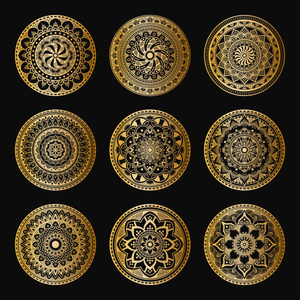 istock Set of decorative ethnic gold ornaments isolated on white. Hand drawn vector mandalas 1219599056