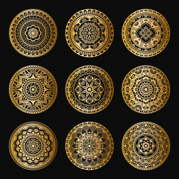 istock Set of decorative ethnic gold ornaments isolated on white. Hand drawn vector mandalas 1219599062