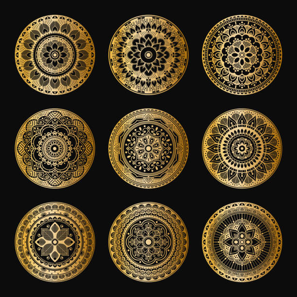 istock Set of decorative ethnic gold ornaments isolated on white. Hand drawn vector mandalas 1219599069