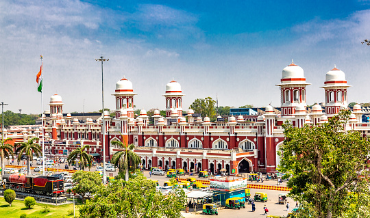 This pic shows the main building of  Lucknow railway station in uttarpradesh india. The pic is taken in may 2019 and in day time.