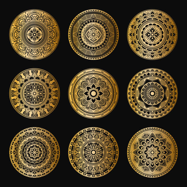 istock Set of decorative ethnic gold ornaments isolated on white. Hand drawn vector mandalas 1219599112