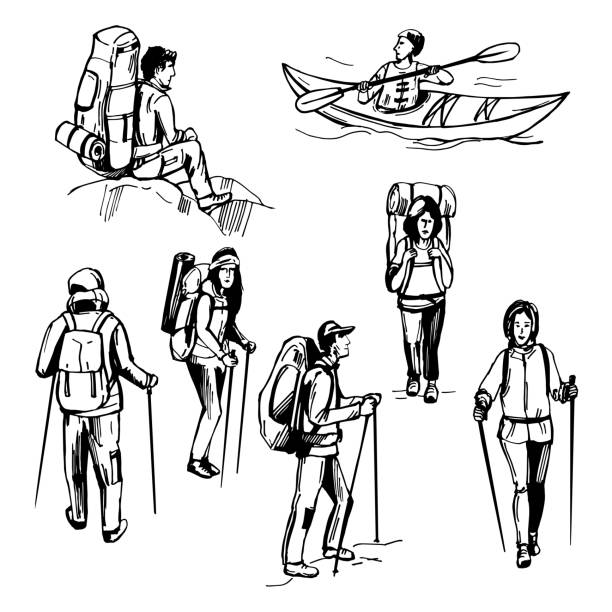ilustrações, clipart, desenhos animados e ícones de viajante desenhado à mão com mochila. turistas caminhando. homem caiaque. - mochileiro