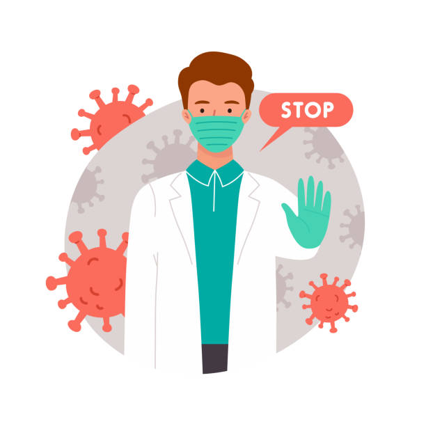 istock Stop coronavirus. Doctor showing hand gesture - stop. COVID-19. Concept -  Stop coronavirus. Masked doctor. Vector illustration 1219600664