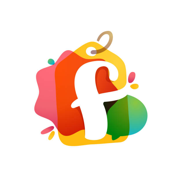 ilustrações de stock, clip art, desenhos animados e ícones de f letter logo with sale tag icon. watercolor overlay style. negative space font. - letter f flash
