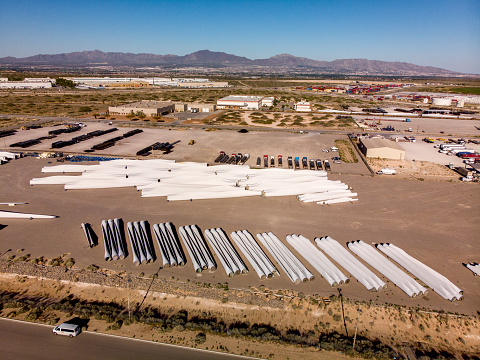 Aerial view of property used in storing parts for large wind turbines used for collecting wind energy