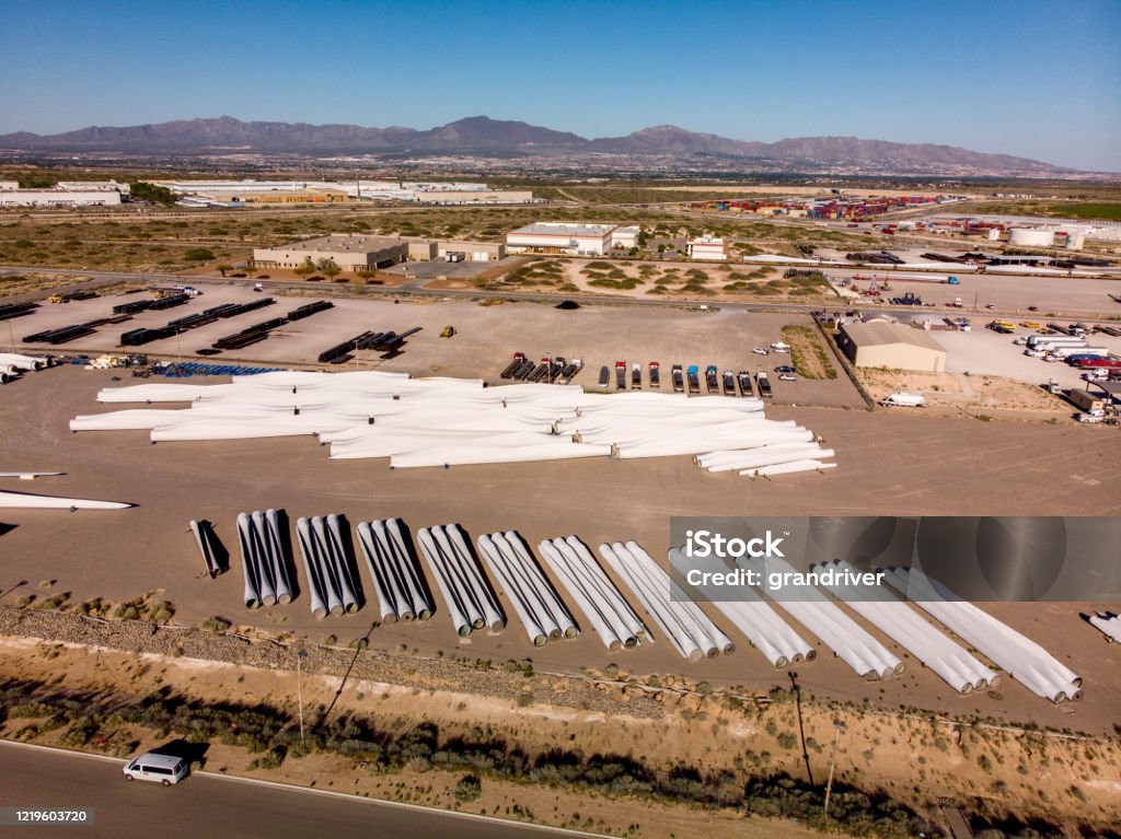 Storage Ground Near The Border Just Outside El Paso Texas Used For Storing Wind Turbine Parts Aerial view of property used in storing parts for large wind turbines used for collecting wind energy Blade Stock Photo