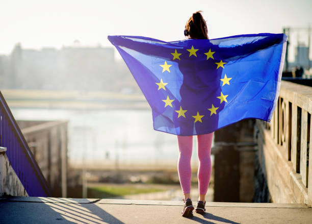 istock Fitness woman with EU flag 1219603924