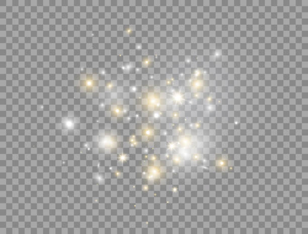 efekt świecącego światła. jasne złote i białe gwiazdy wybuchają z błyszczy na przezroczystym tle. brokat luksusowy element projektu. lampa błyskowa. ilustracja wektorowa - glitter silver star shape white stock illustrations