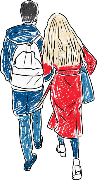 Vector drawing of couple young townspeople walking along street Vector image of couple young citizens walking outdoor. blond hair illustrations stock illustrations