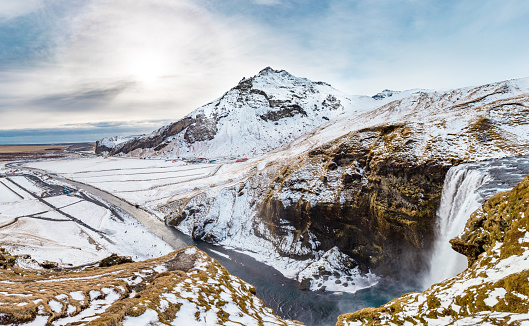 High Resolution HDR Panoramic View of Skogafoss Waterfall in Winter , Iceland, Europe, 35 MPixels