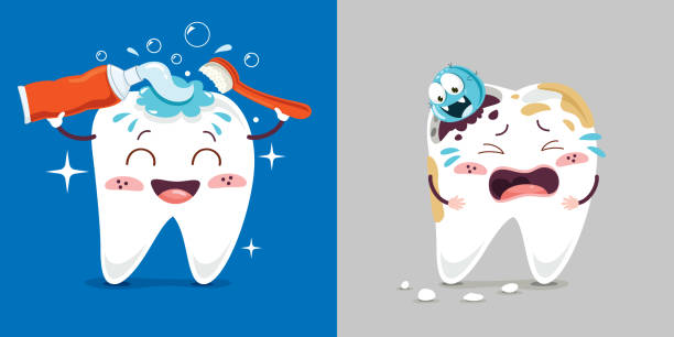 漫画のキャラクターと歯のヘルスケアの概念 - 歯垢点のイラスト素材／クリップアート素材／マンガ素材／アイコン素材