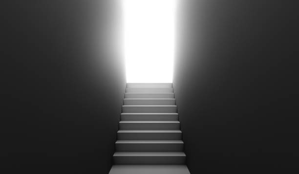 istock Dark corridor with a ladder up exit with a bright light, the concept of achieving success, 3d rendering 1219608505