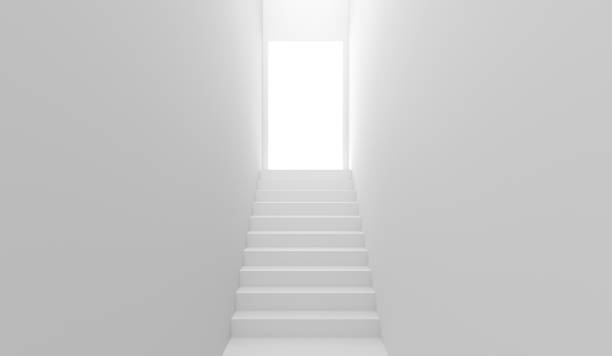 istock Stairway up with an open door with light 3d rendering. 1219608603