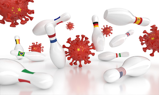3D graphics of a virus cell as a bowling ball and countries as fallen skittles on the playing field (white background). shallow depth of field.