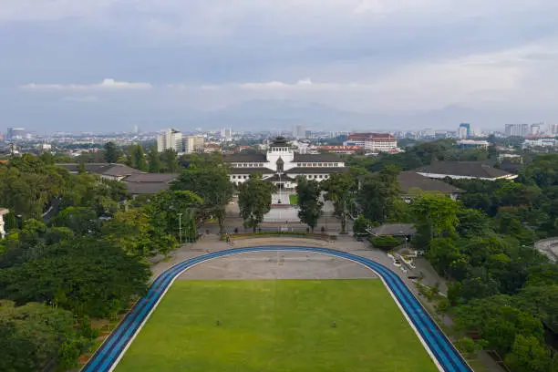Bandung, Indonesia (04/2020) : Aerial View of Gedung Sate, icon and landmark of Bandung, West Java, Indonesia.