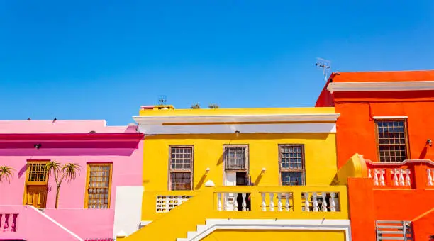 This pic shows Brightly colored houses in Bo-Kaap neighborhood, Cape Town. The pic is taken in march 2019 and in day time in cape town.