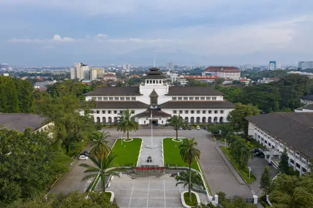 Bandung, Indonesia (04/2020) : Aerial View of Gedung Sate, icon and landmark of Bandung, West Java, Indonesia.