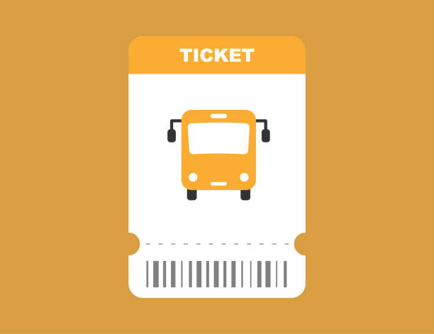 바코드가있는 노란색 평면 디자인의 버스 티켓. 자동 운송을 위한 패스 카드. 버스 격리 쿠폰으로 여행. 벡터 eps 10 - bus coach bus tour bus isolated stock illustrations