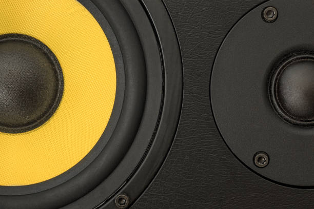 istock Yellow woofer and black tweeter, black audio enclosure 1219615490