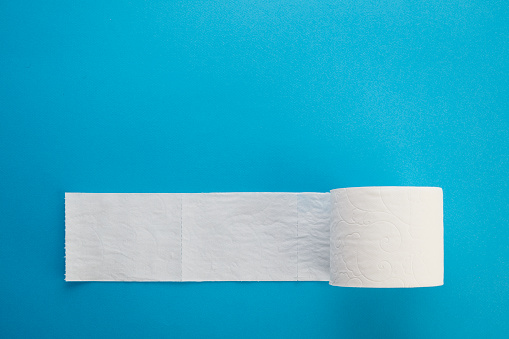 White roll toilet paper on the light blue background