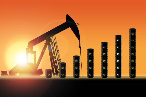 sunset over pumpjack silhouette and oil barrel chart - fossil fuel fuel and power generation reservoir organization fotografías e imágenes de stock