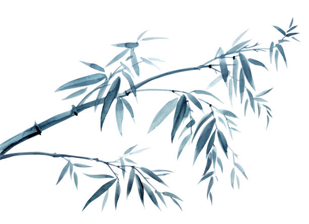 бамбук, наклоненный ветром, акварелью - tree watercolor painting leaf zen like stock illustrations