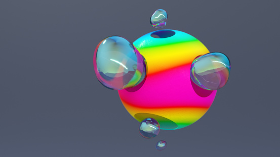 Bubbles popping out of holes in a multi coloured sphere