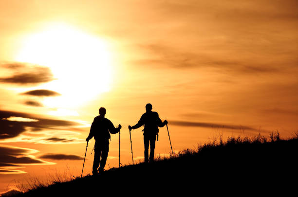 silhouette von zwei jungen wanderern mit rucksäcken und polen bewundern einen schönen sonnenuntergang - treking poles stock-fotos und bilder