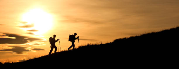 silhouette von zwei jungen wanderern mit rucksäcken und polen, die eine grasbewachsene piste besteigen - treking poles stock-fotos und bilder