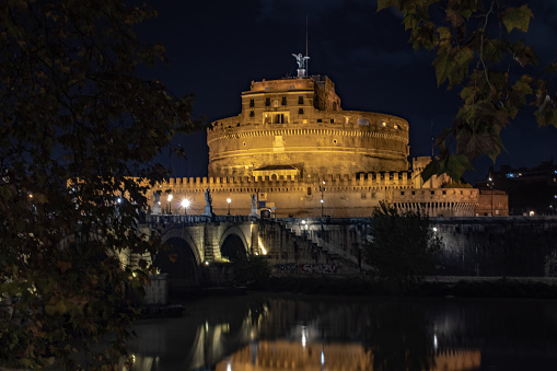 Rome, Italy 8 December 2019. Castel Sant'Angelo with the Tiber in a night vision.