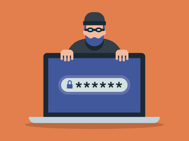 illustrations, cliparts, dessins animés et icônes de illustration de l’ordinateur portable et cybercriminel recherchant le mot de passe - burglar thief internet security