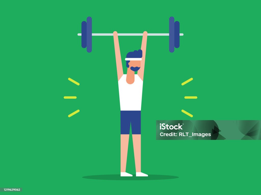 Illustration of fit man lifting barbell over head Modern flat vector illustration appropriate for a variety of uses including articles and blog posts. Vector artwork is easy to colorize, manipulate, and scales to any size. Exercising stock vector