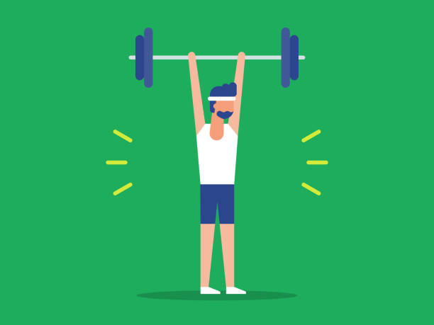 Illustration of fit man lifting barbell over head Modern flat vector illustration appropriate for a variety of uses including articles and blog posts. Vector artwork is easy to colorize, manipulate, and scales to any size. muscular build illustrations stock illustrations
