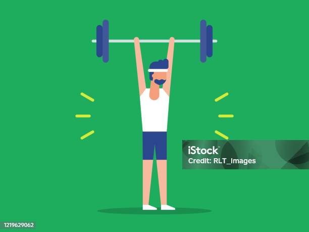 Illustration Of Fit Man Lifting Barbell Over Head Stock Illustration - Download Image Now - Exercising, Gym, Health Club