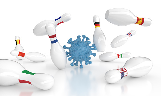 3D graphics of a virus cell as a bowling ball and countries as fallen skittles on the playing field (white background)