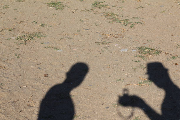 istock Shadow of two men on the sand at the beach. 1219634308