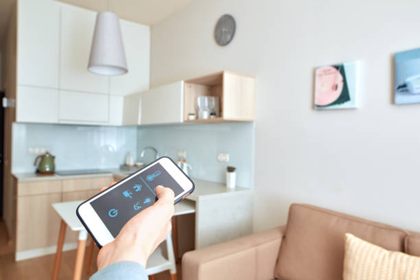 istock Young adult man using app for smart house on smartphone 1219641886
