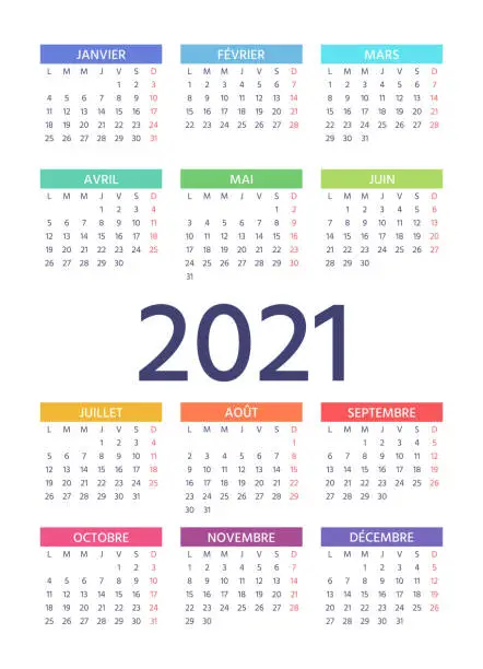 Vector illustration of 2021 French Calendar. Vector illustration. Template year color planner.